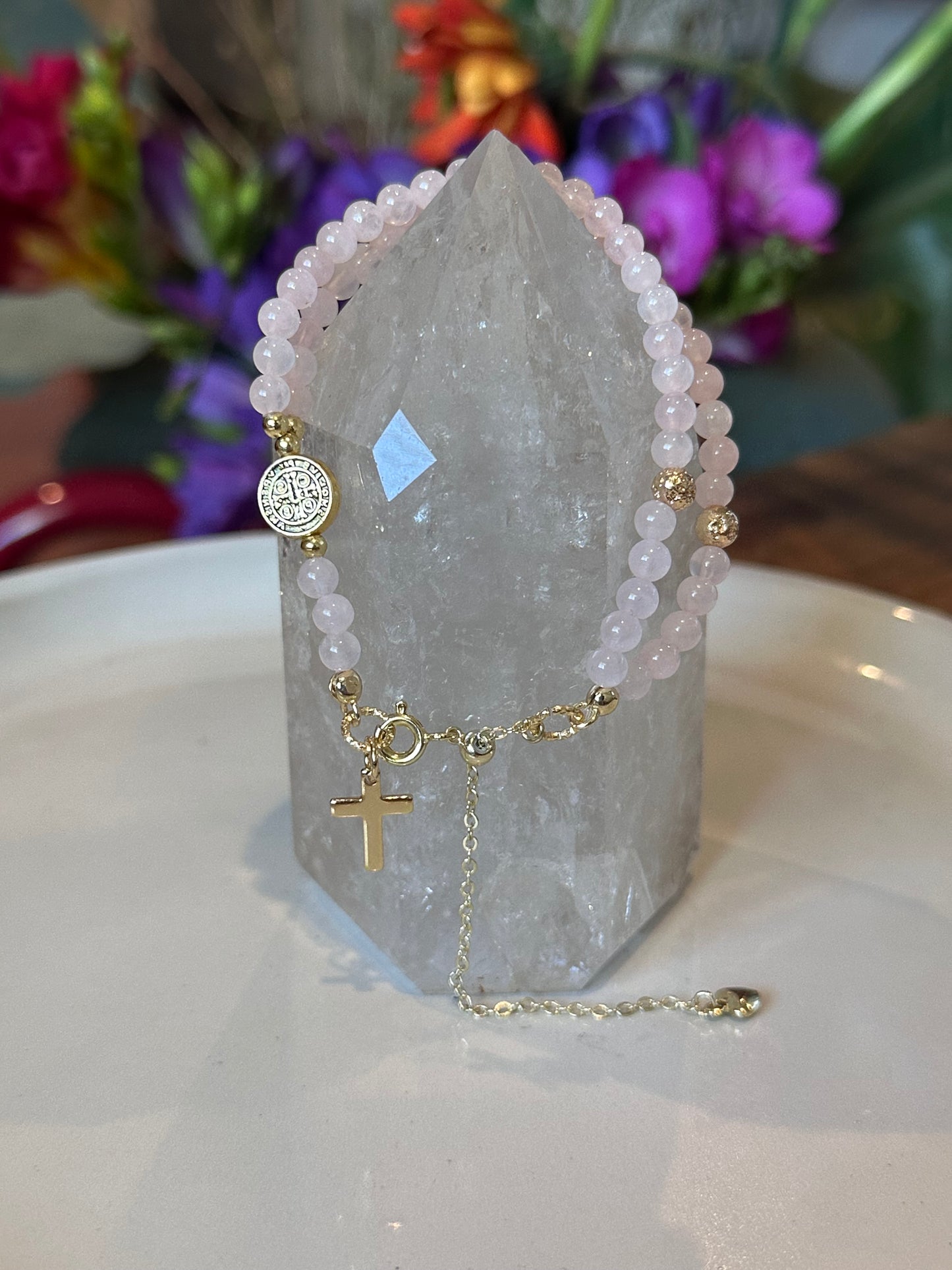 Rosary Bracelet in Pink and Gold.