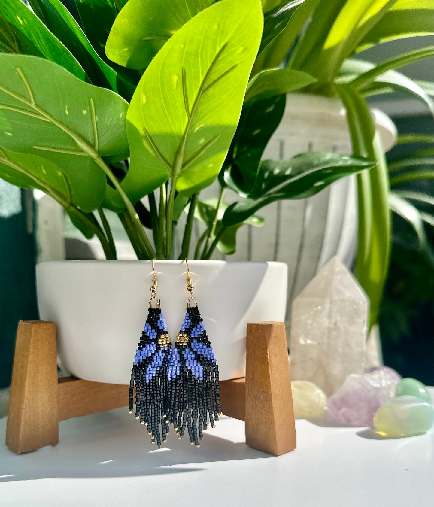 Beaded Fringe Earrings in Black, Blue, and Gold