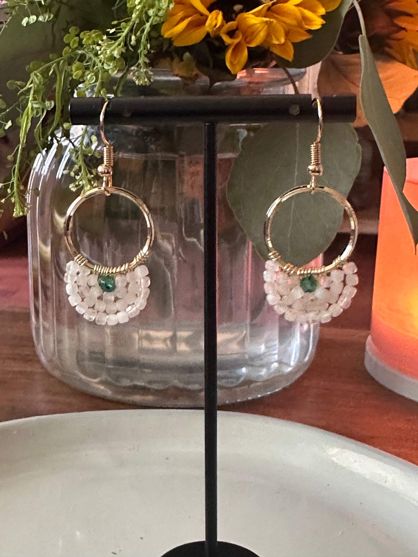Dangle and Drop Earrings in White, Green and Gold.