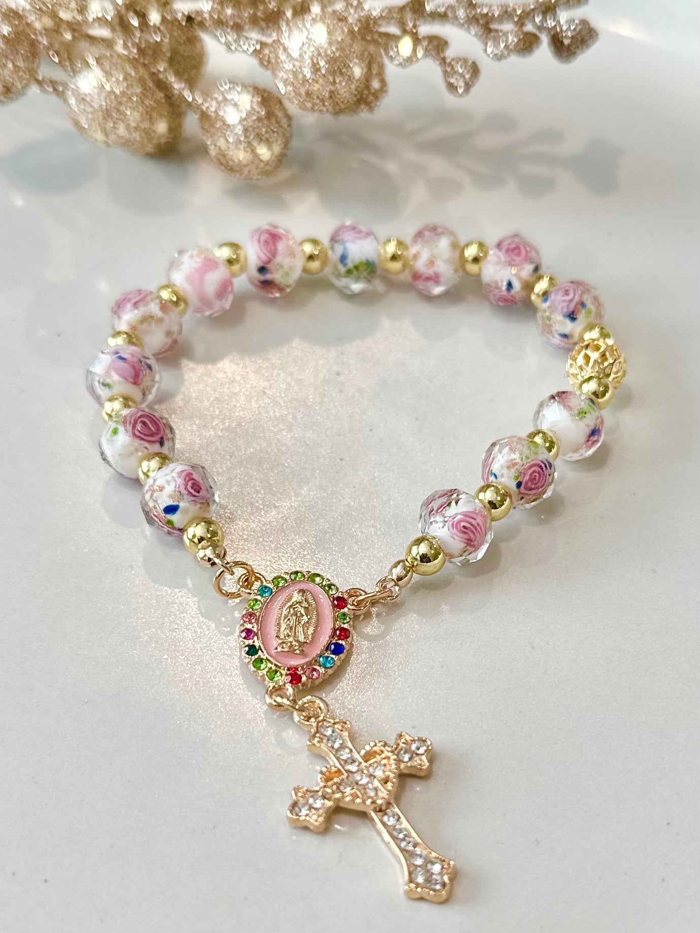 Rosary Bracelet in White and Pink.