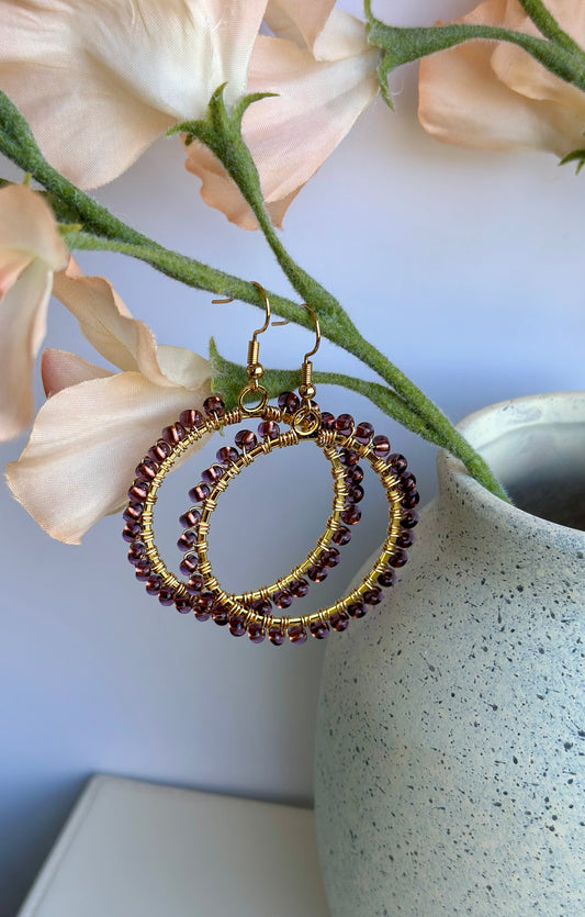 Dangle Hoops Earrings in Purple and Gold