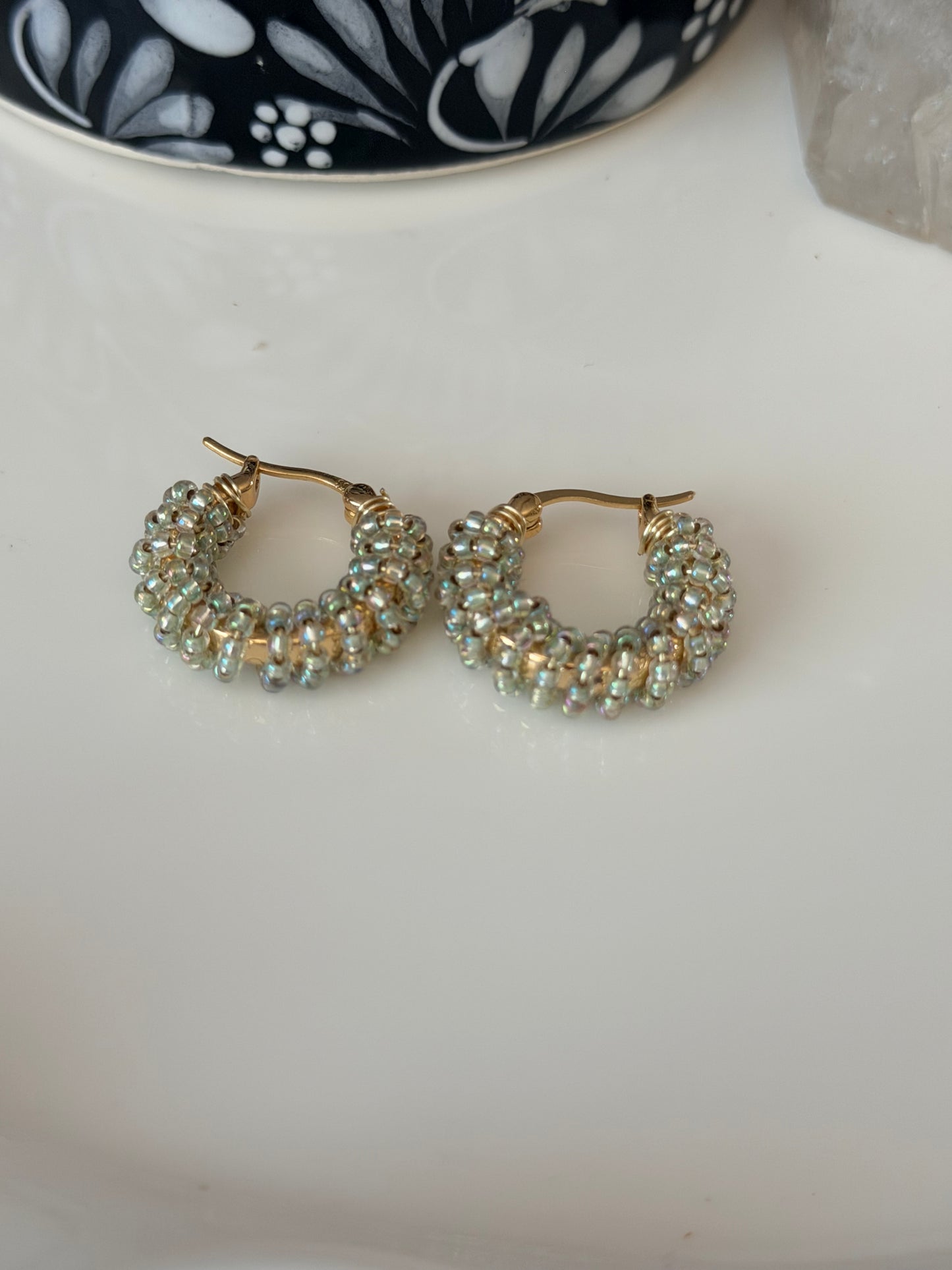 Hoop Earrings in Gold and Translucent Mint Green