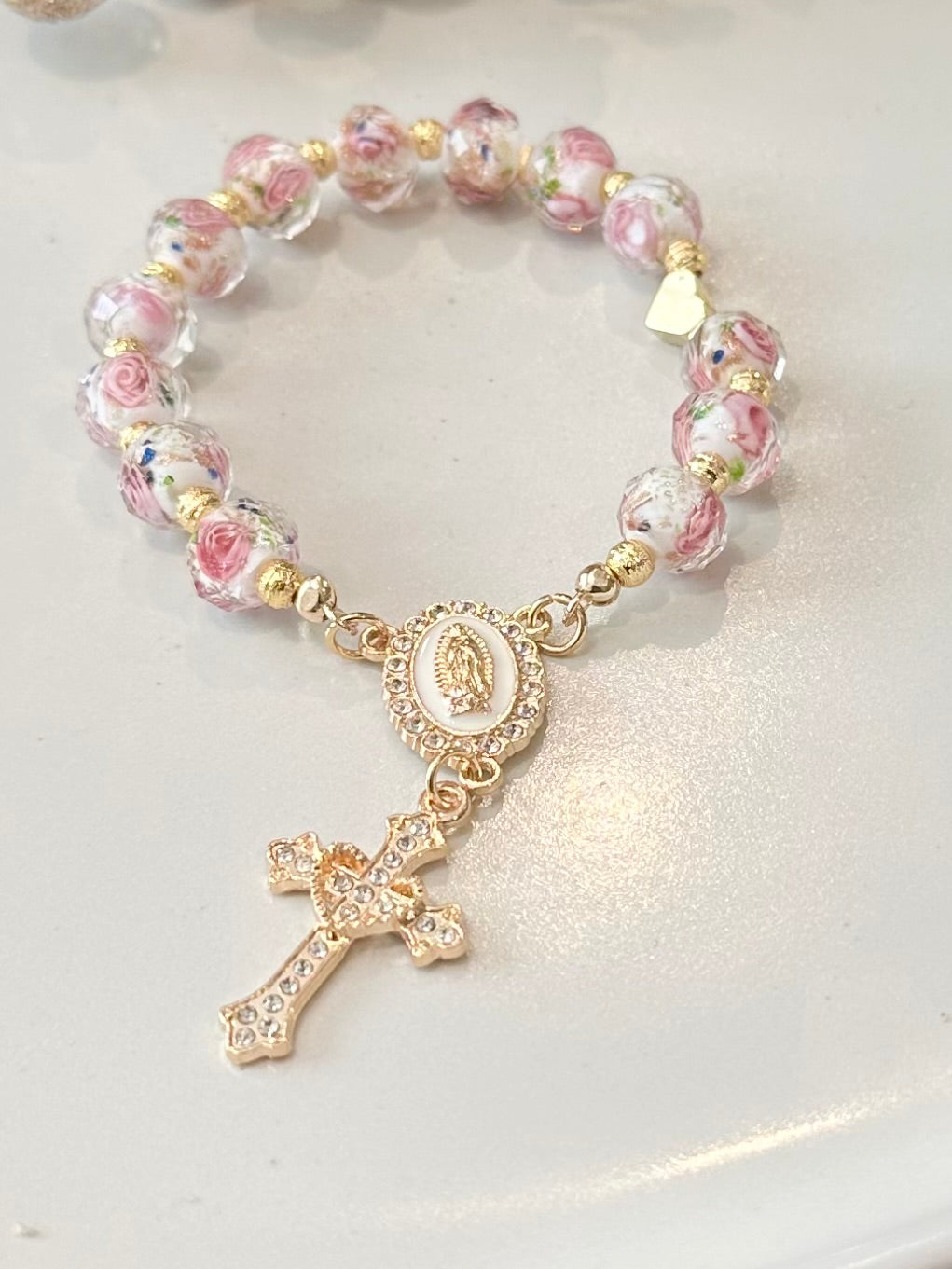 Rosary Bracelet in Pink and White.