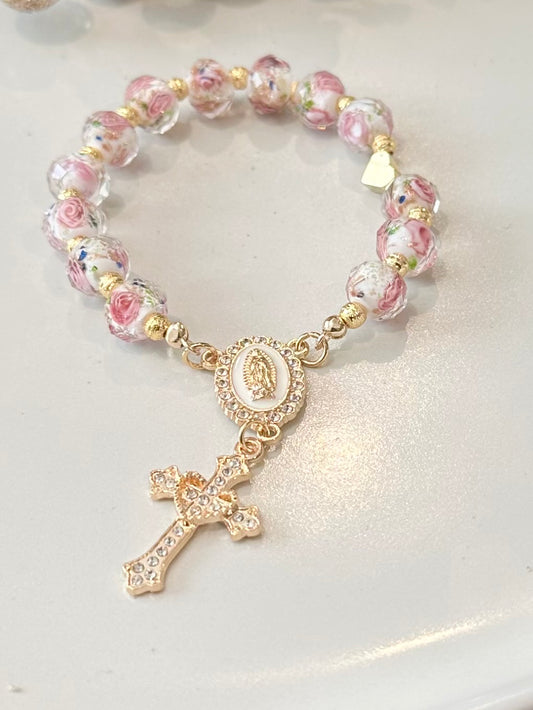 Rosary Bracelet in Pink and White.