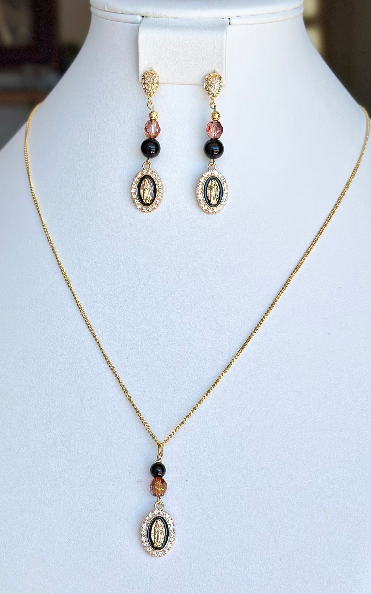 Virgen De Guadalupe 2 Piece Jewelry Set in Black and Bronze