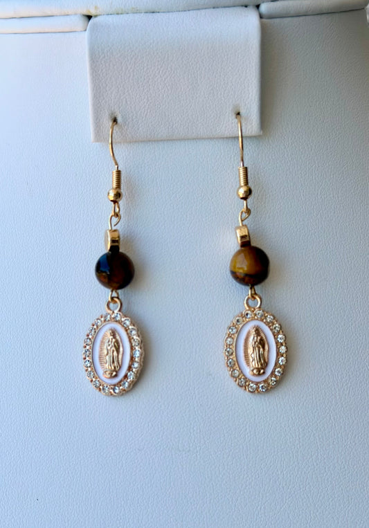 Virgen de Guadalupe Dangle and Drop Earrings in White and Brown