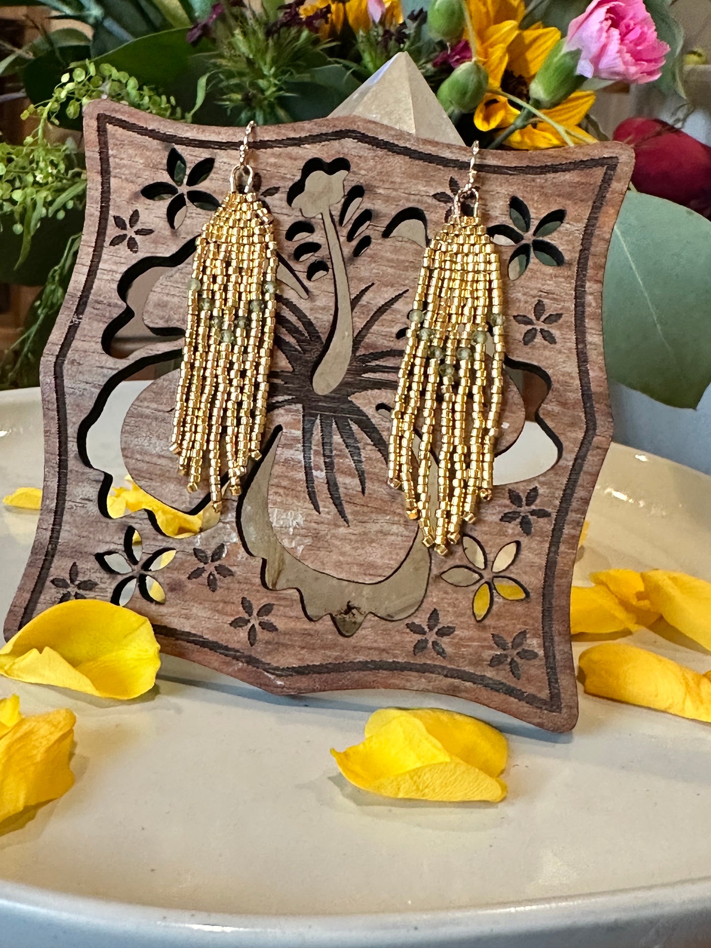 Beaded Earrings in Gold and Green
