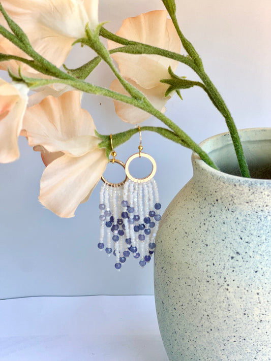 Beaded Fringe Earrings in White, Blue, and Gold