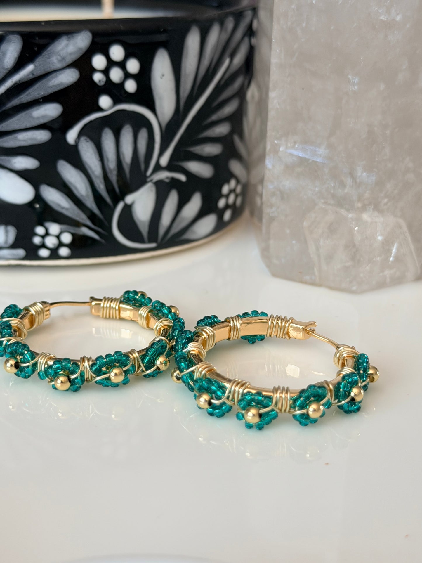 Hoop Earrings in Green and Gold.