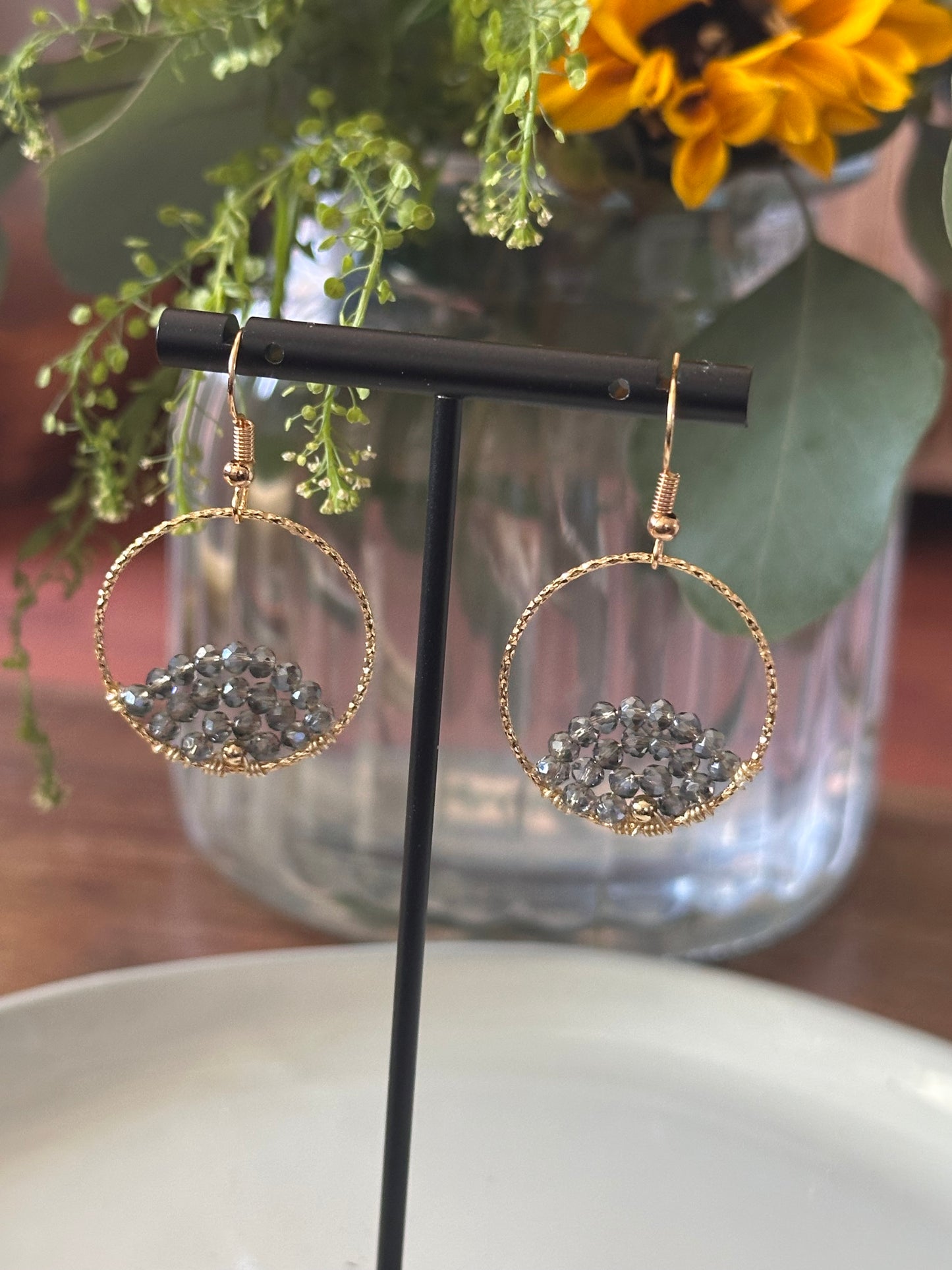 Dangle and Drop Earrings in Smokey Grey and Gold
