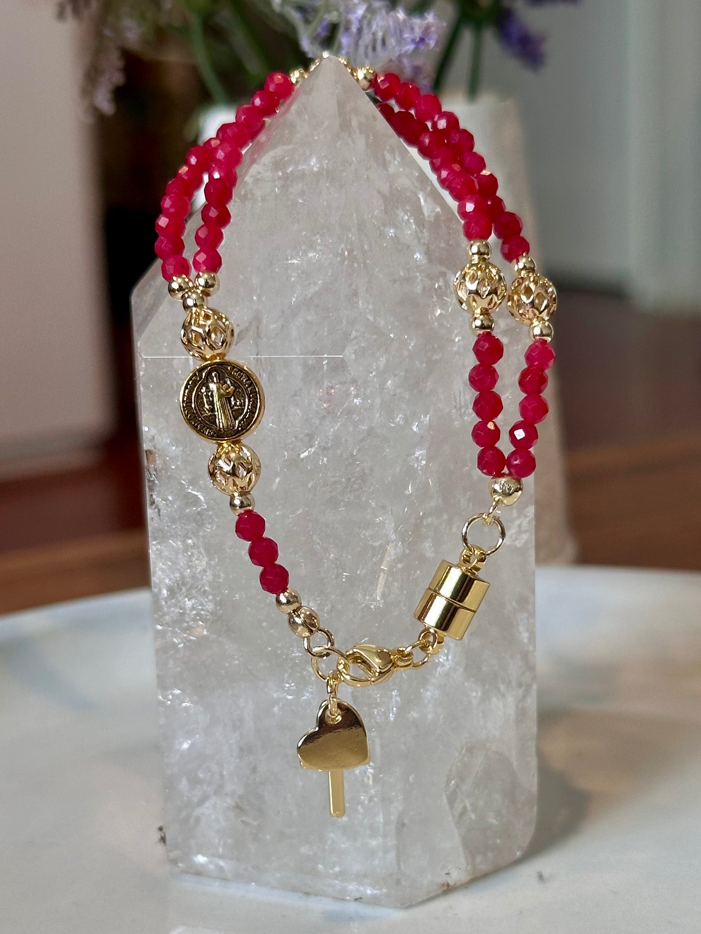 Rosary Bracelet in Red and Gold.