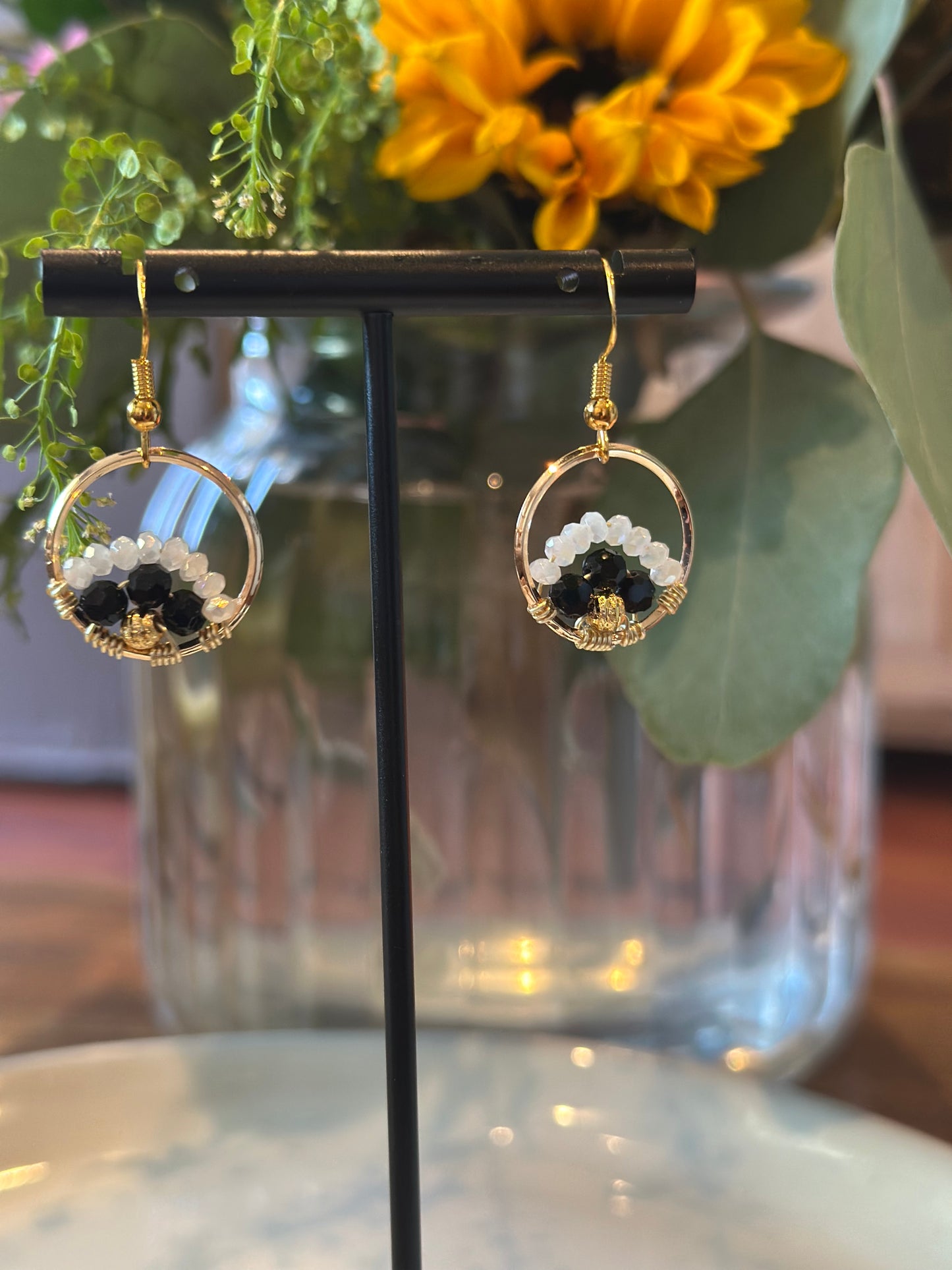 Dangle and Drop Earrings in Black and White, and Gold. (Small)