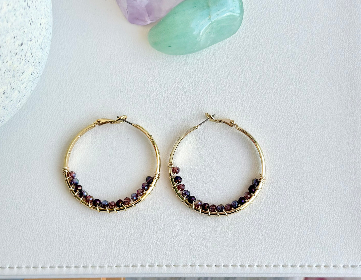 Hoop Earrings with Dark Purple Glass Beads (30mm)