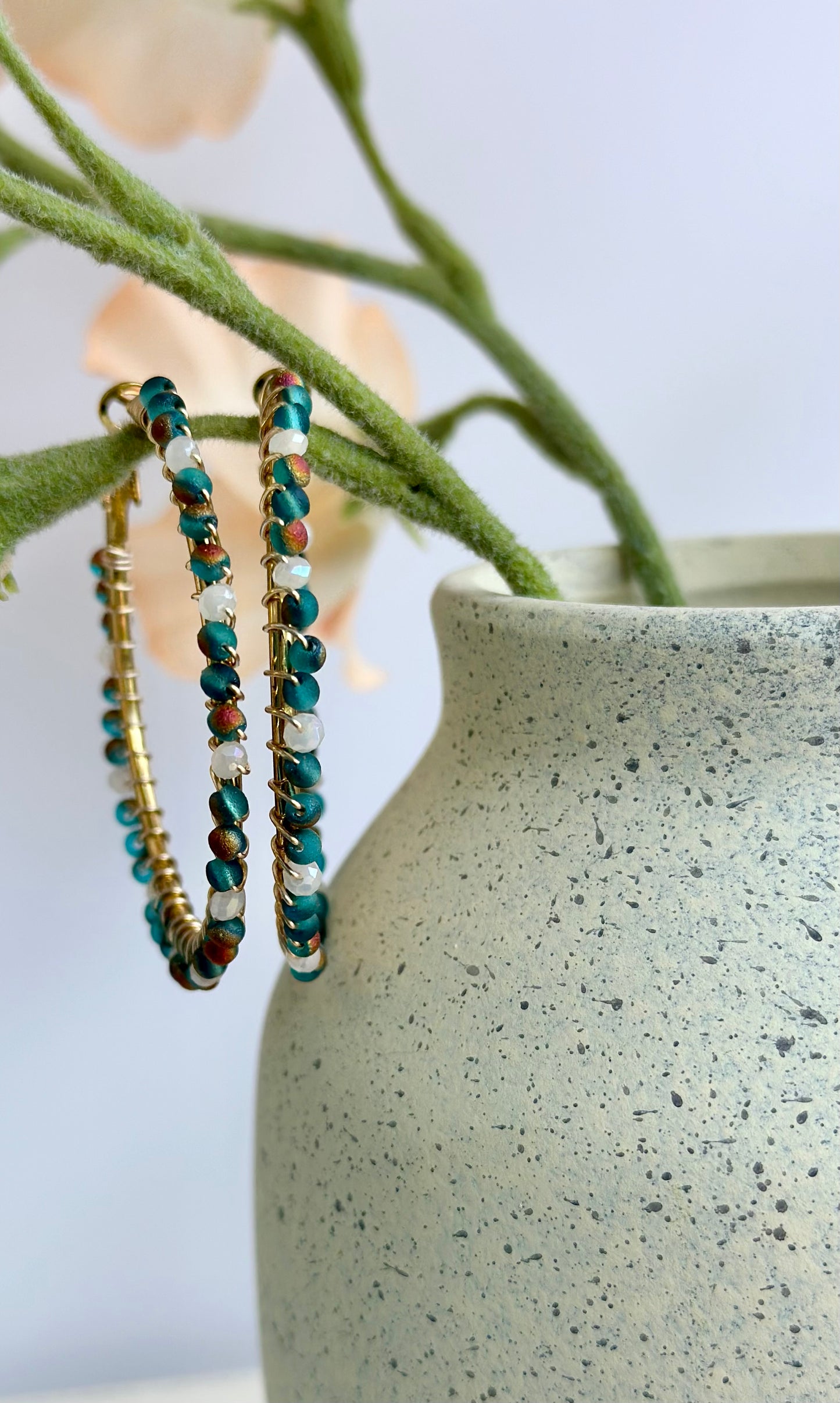 Hoop Earrings In Blue Green and White glass Beads (40mm)