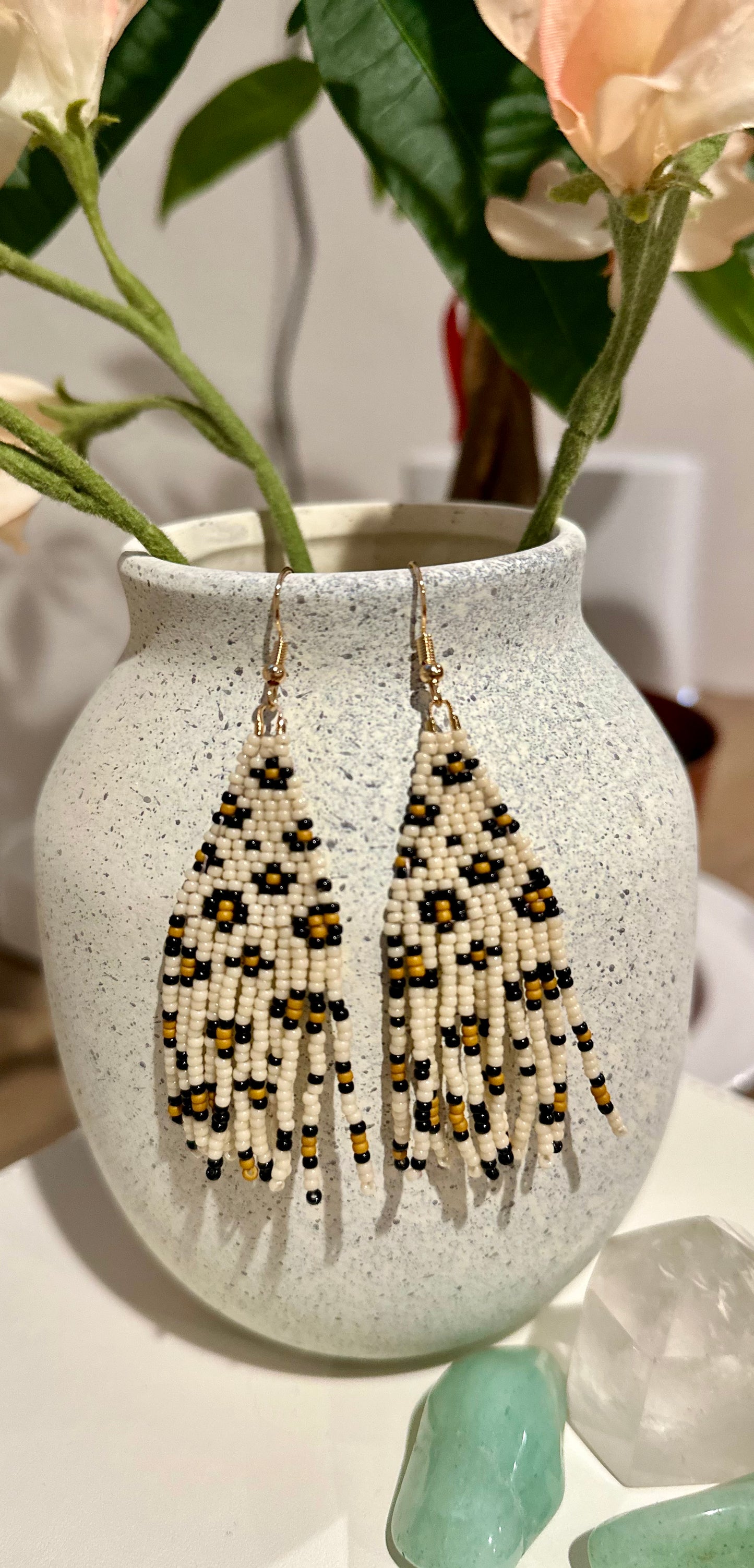 Beaded Fringe Earrings in Leopard Print