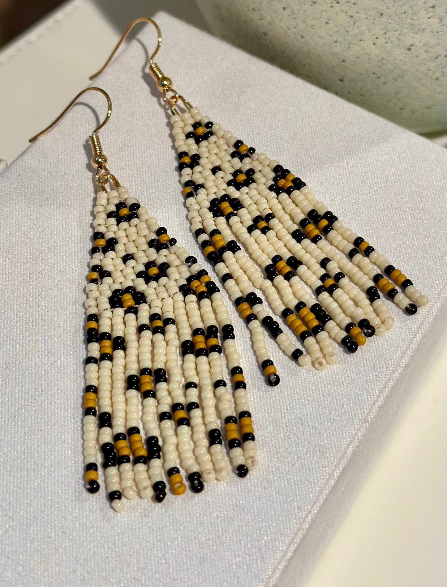 Beaded Fringe Earrings in Leopard Print