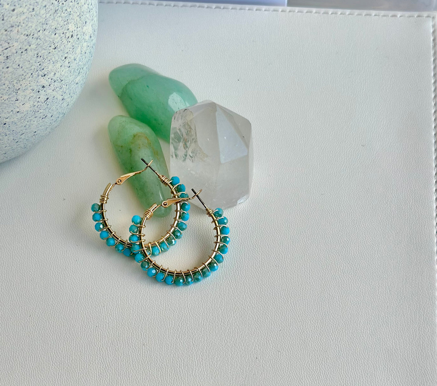 Hoop Earrings in Aqua Glass Beads