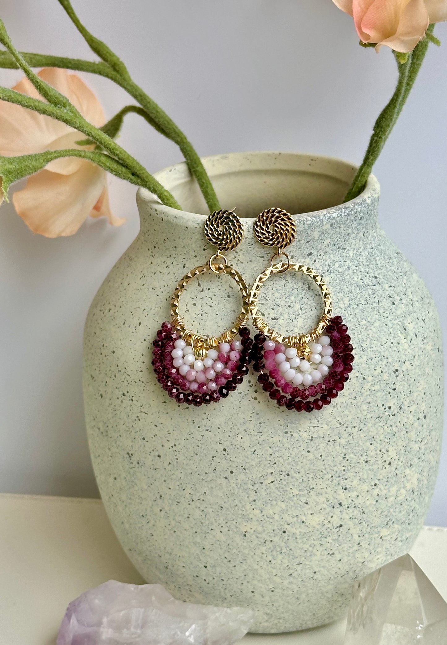 Dangle and Drop Earrings in Red & Pink Ombré Glass Beads