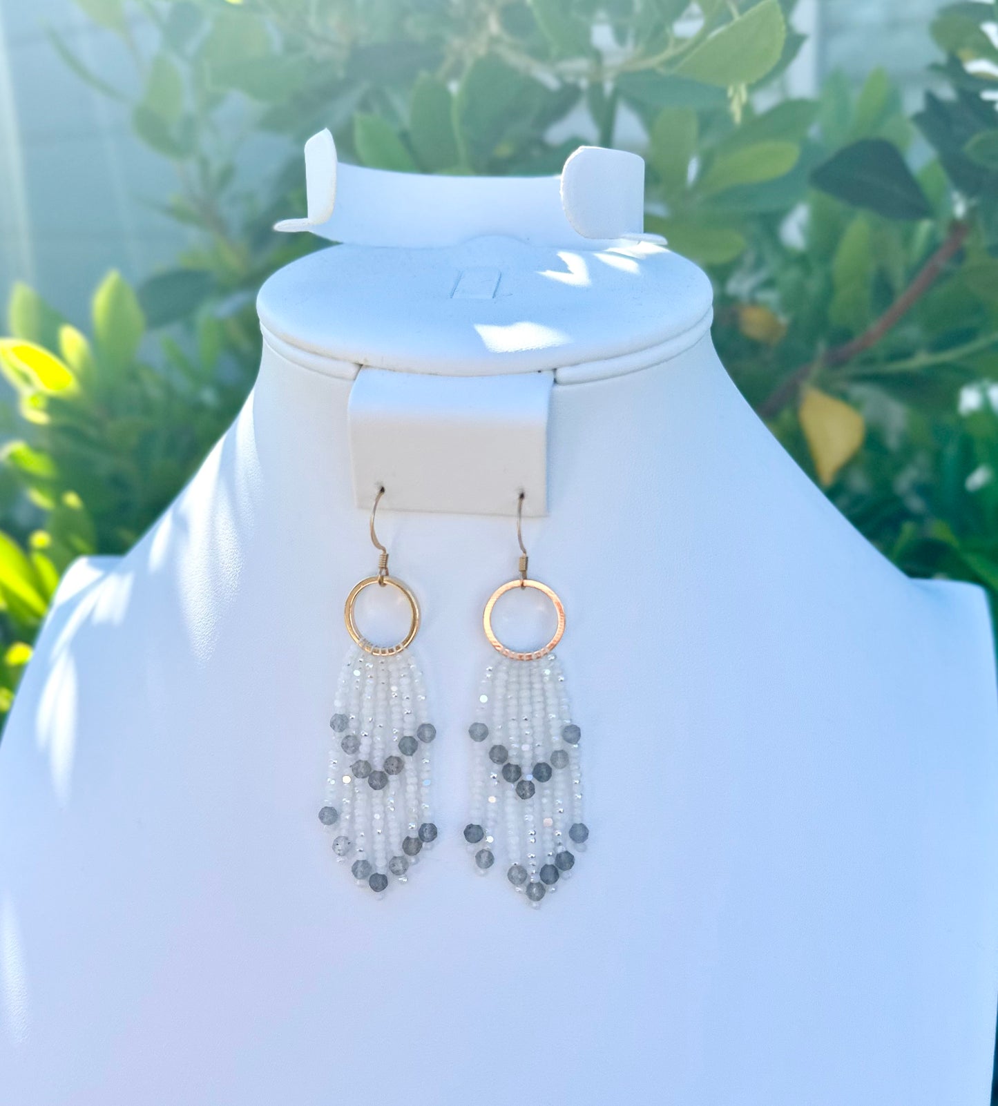 Beaded Fringe Earrings in White, Grey, and Gold