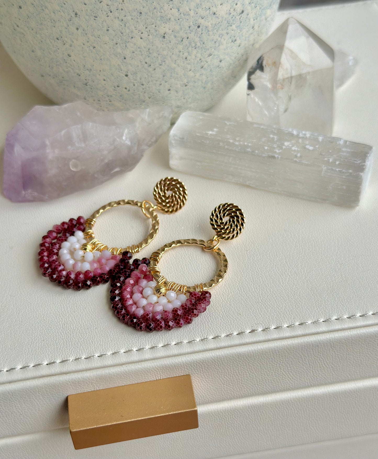 Dangle and Drop Earrings in Red & Pink Ombré Glass Beads