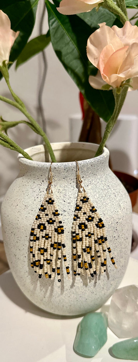 Beaded Fringe Earrings in Leopard Print