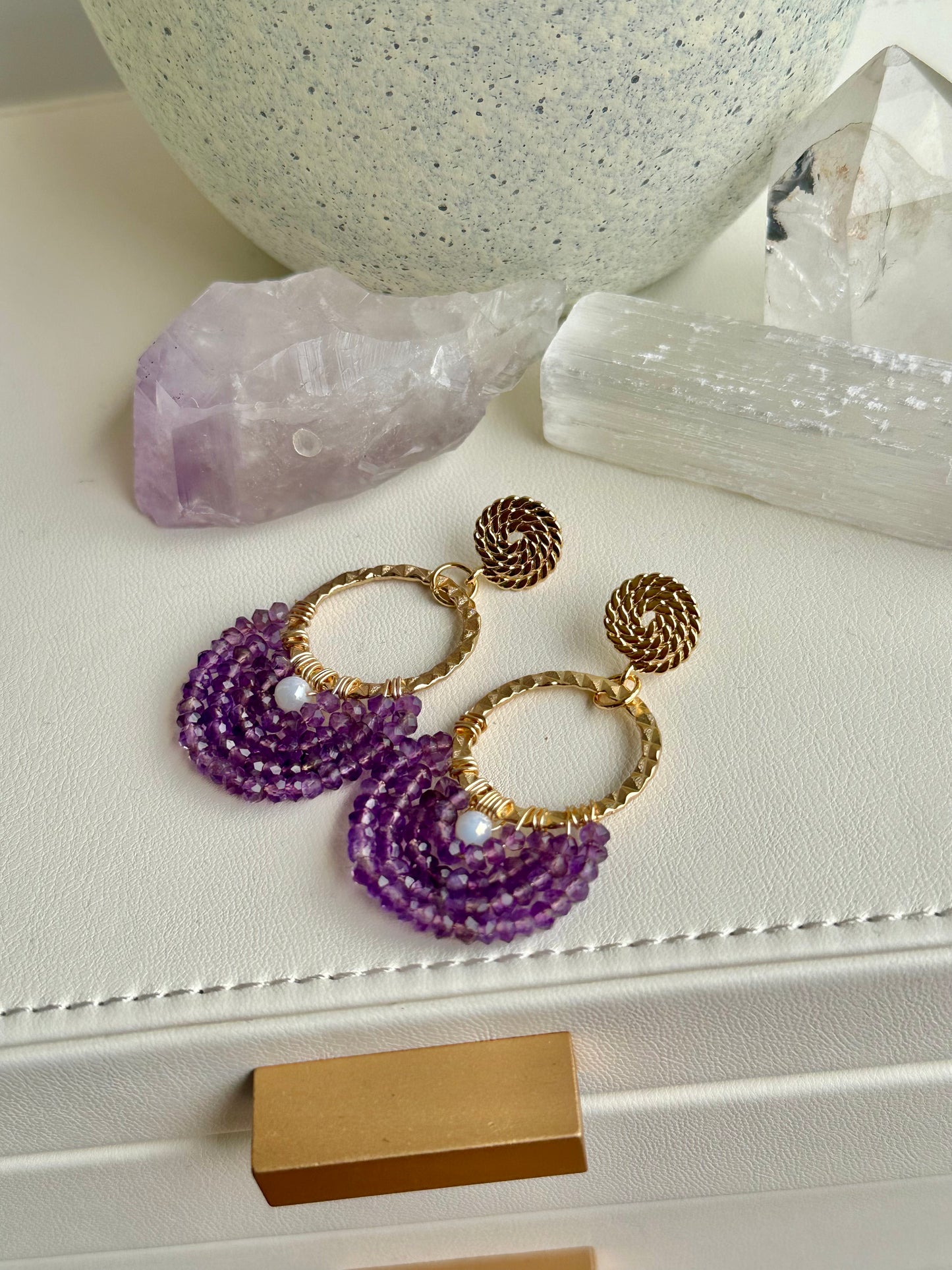 Dangle and Drop Earrings in Purple and Gold