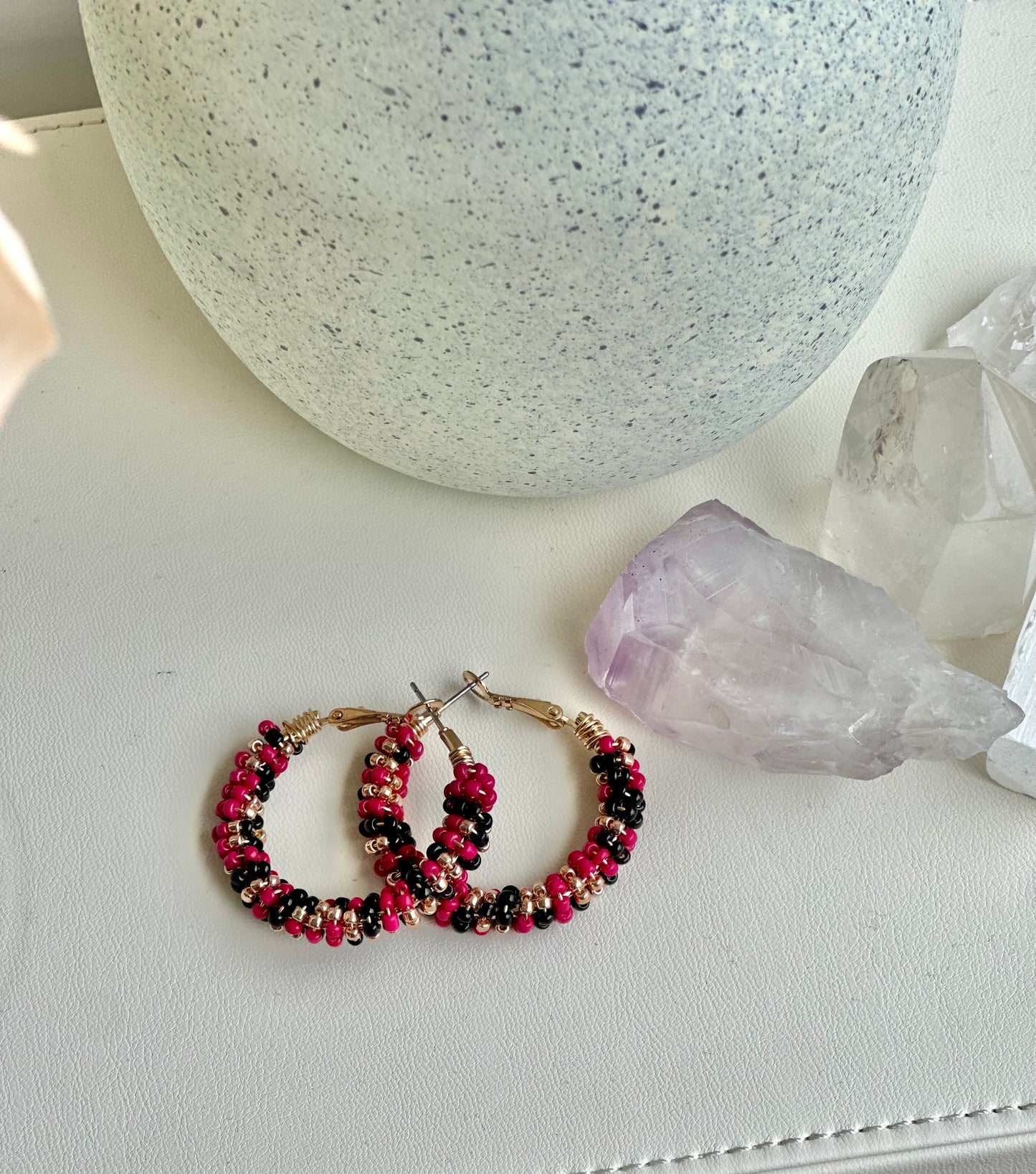 Hoop Earrings in Black, Fuchsia, and Gold