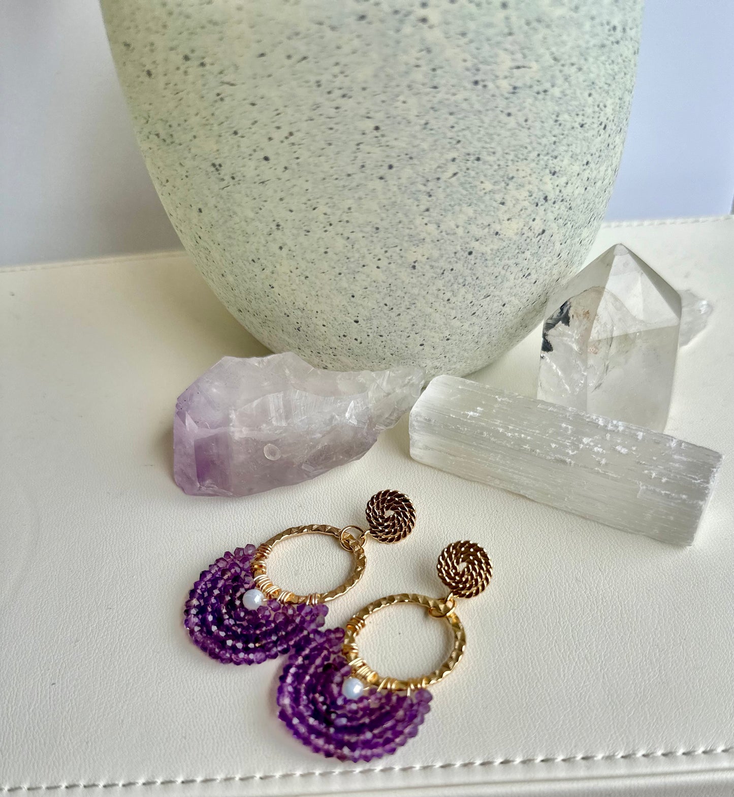 Dangle and Drop Earrings in Purple and Gold