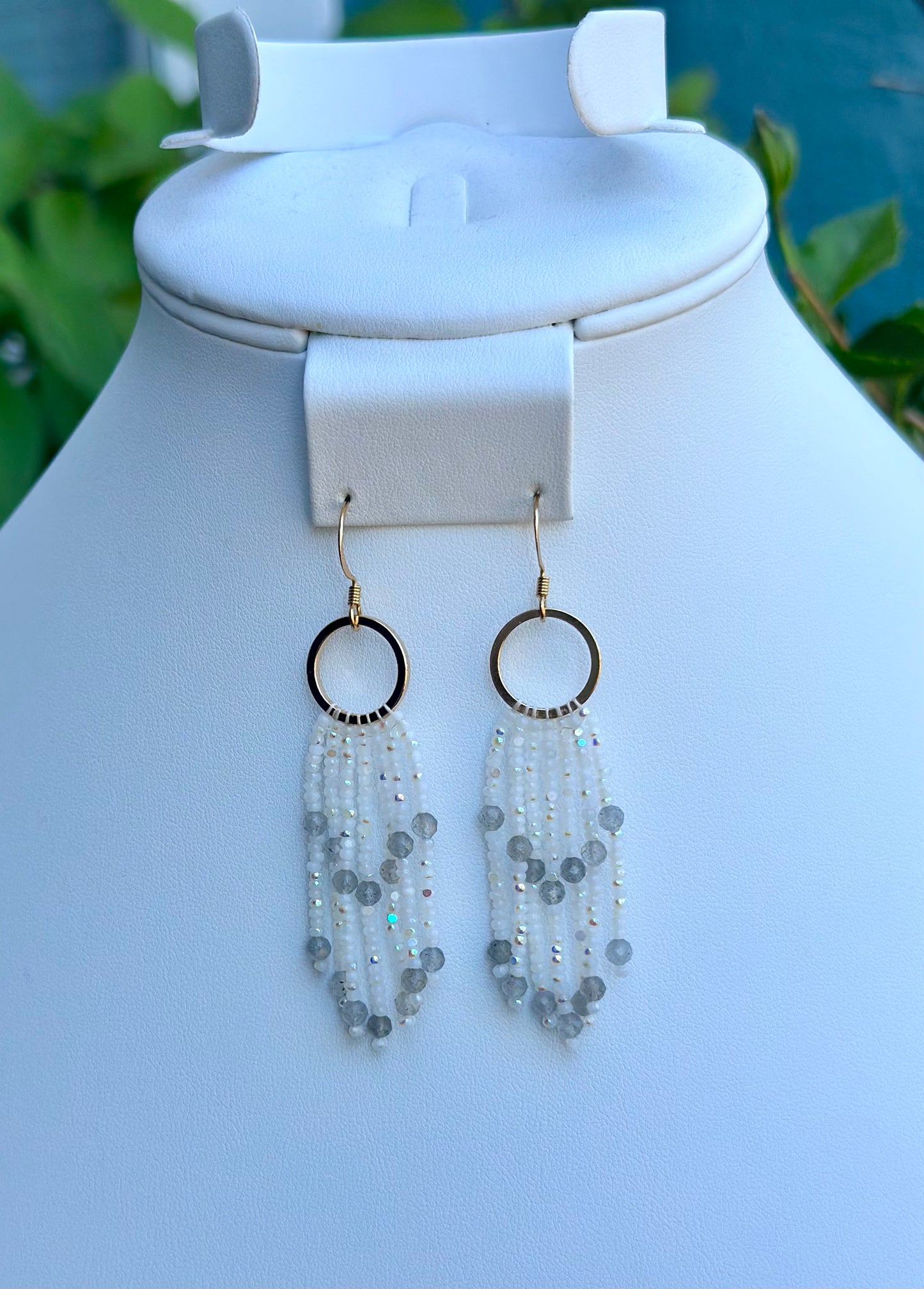 Beaded Fringe Earrings in White, Grey, and Gold