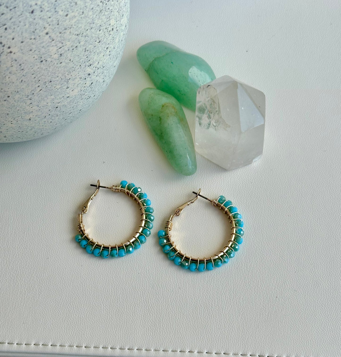 Hoop Earrings in Aqua Glass Beads