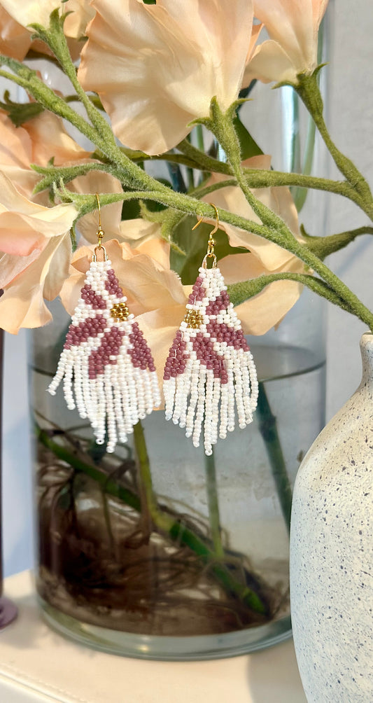 Beaded Fringe Earrings in White, Rose, and Gold