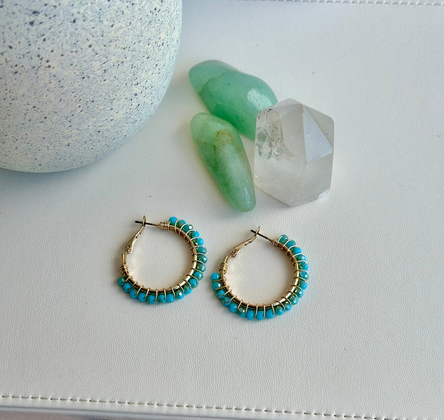 Hoop Earrings in Aqua Glass Beads