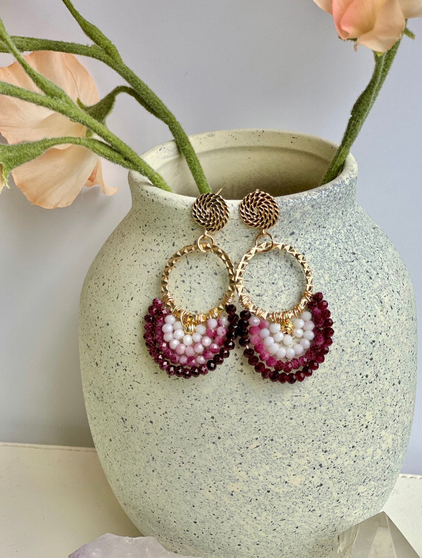 Dangle and Drop Earrings in Red & Pink Ombré Glass Beads