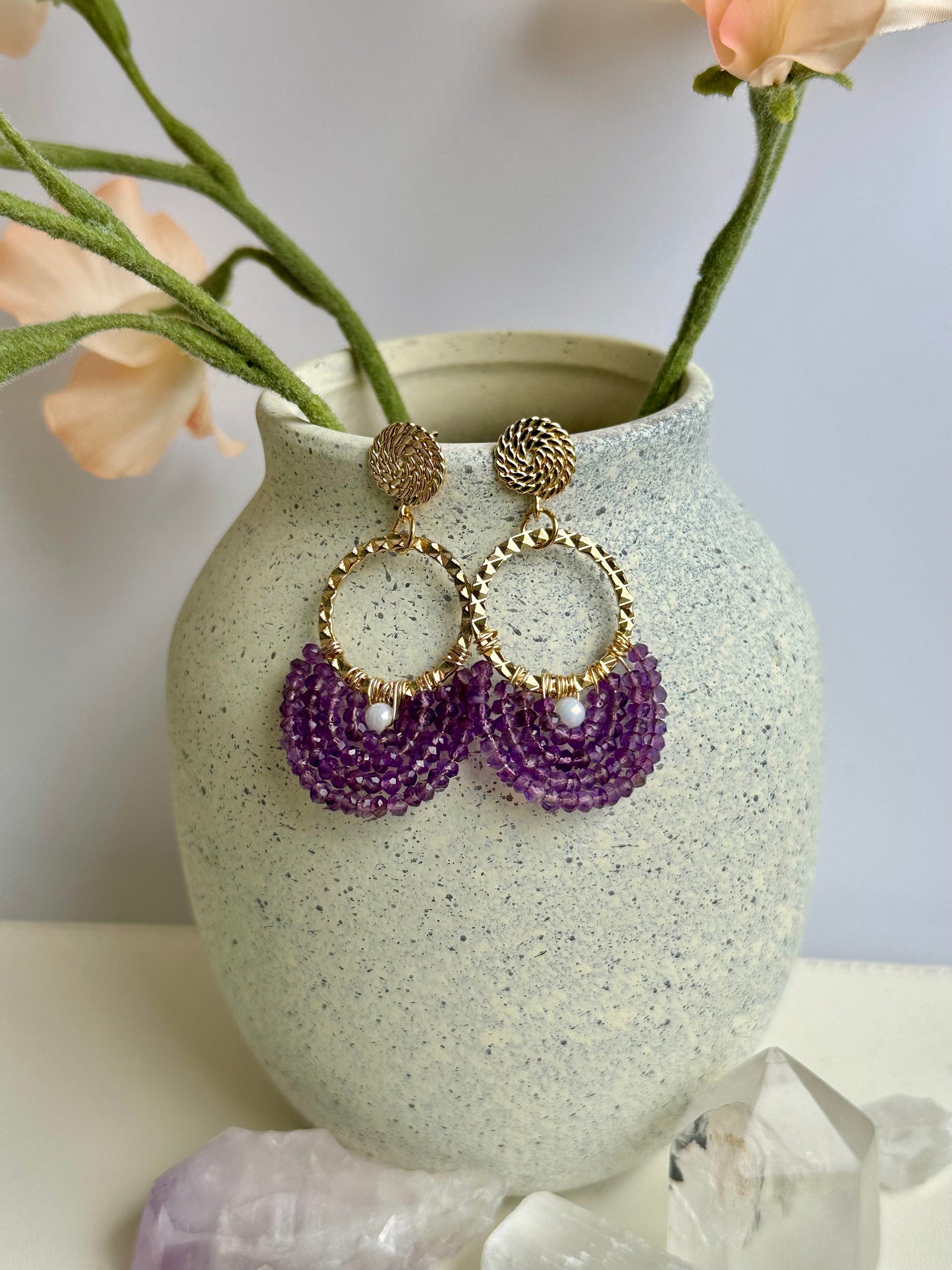 Dangle and Drop Earrings in Purple and Gold