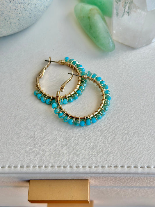 Hoop Earrings in Aqua Glass Beads