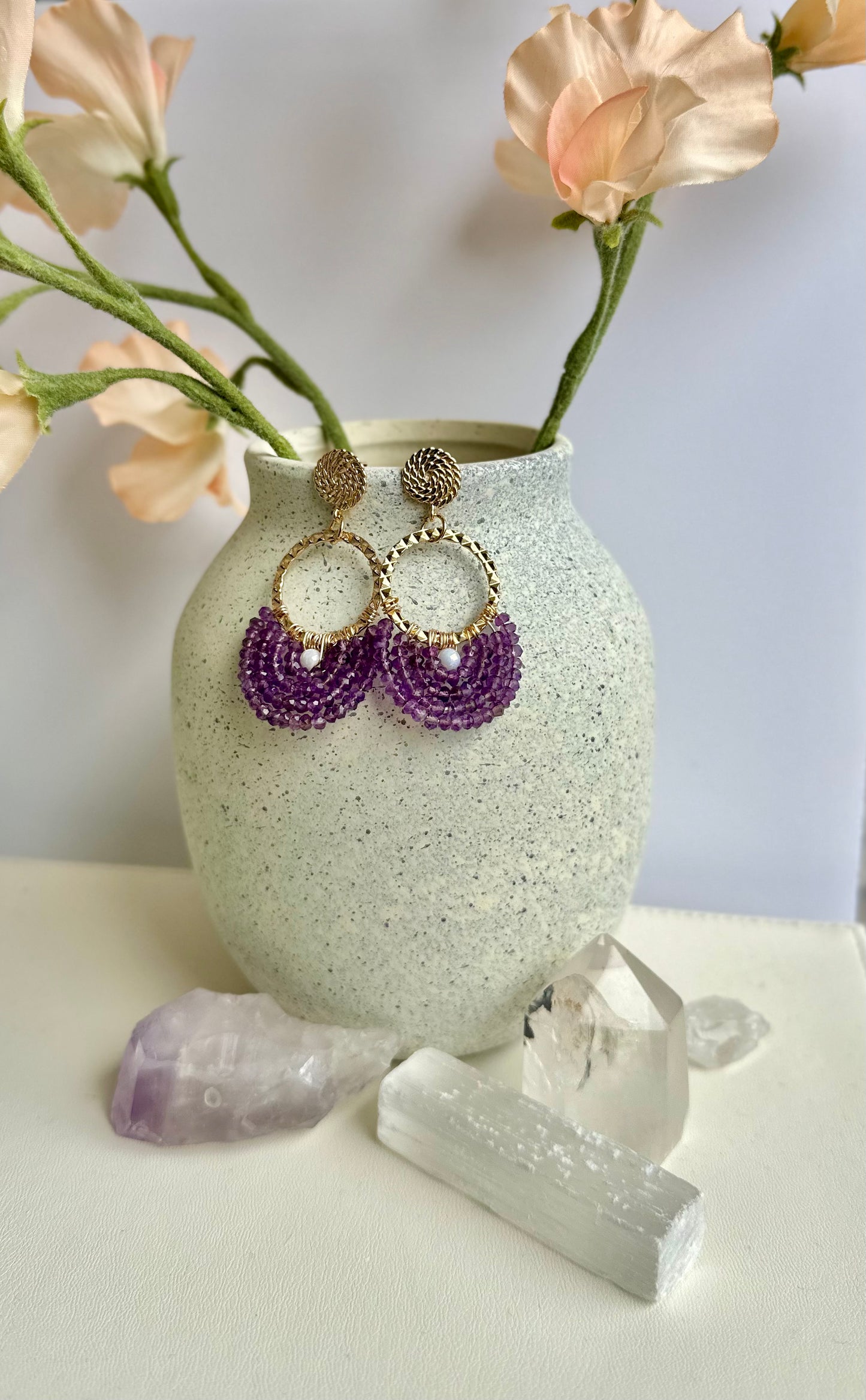 Dangle and Drop Earrings in Purple and Gold