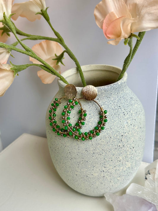 Dangle Hoop Earrings in Green and Gold