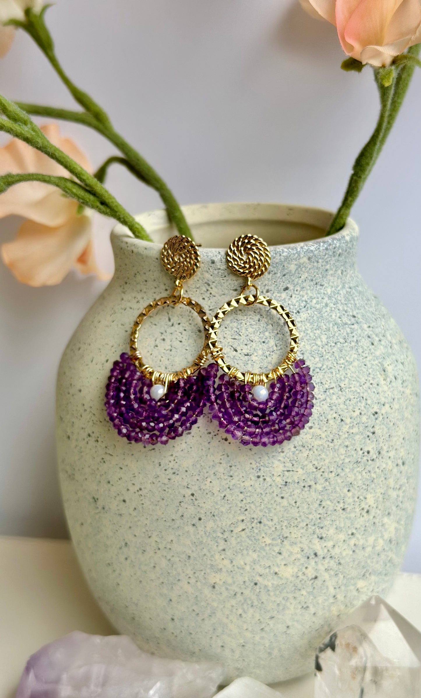 Dangle and Drop Earrings in Purple and Gold