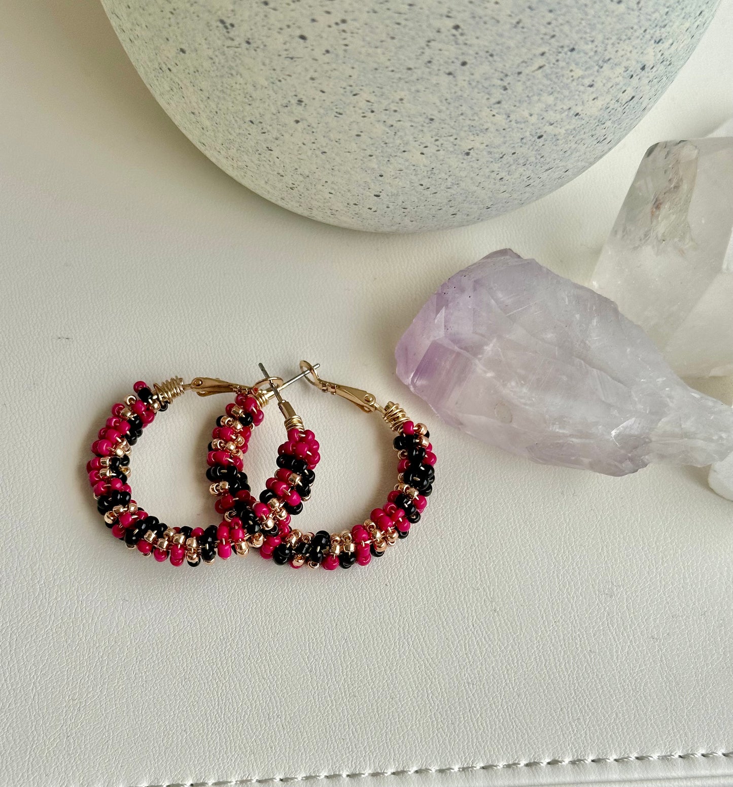 Hoop Earrings in Black, Fuchsia, and Gold