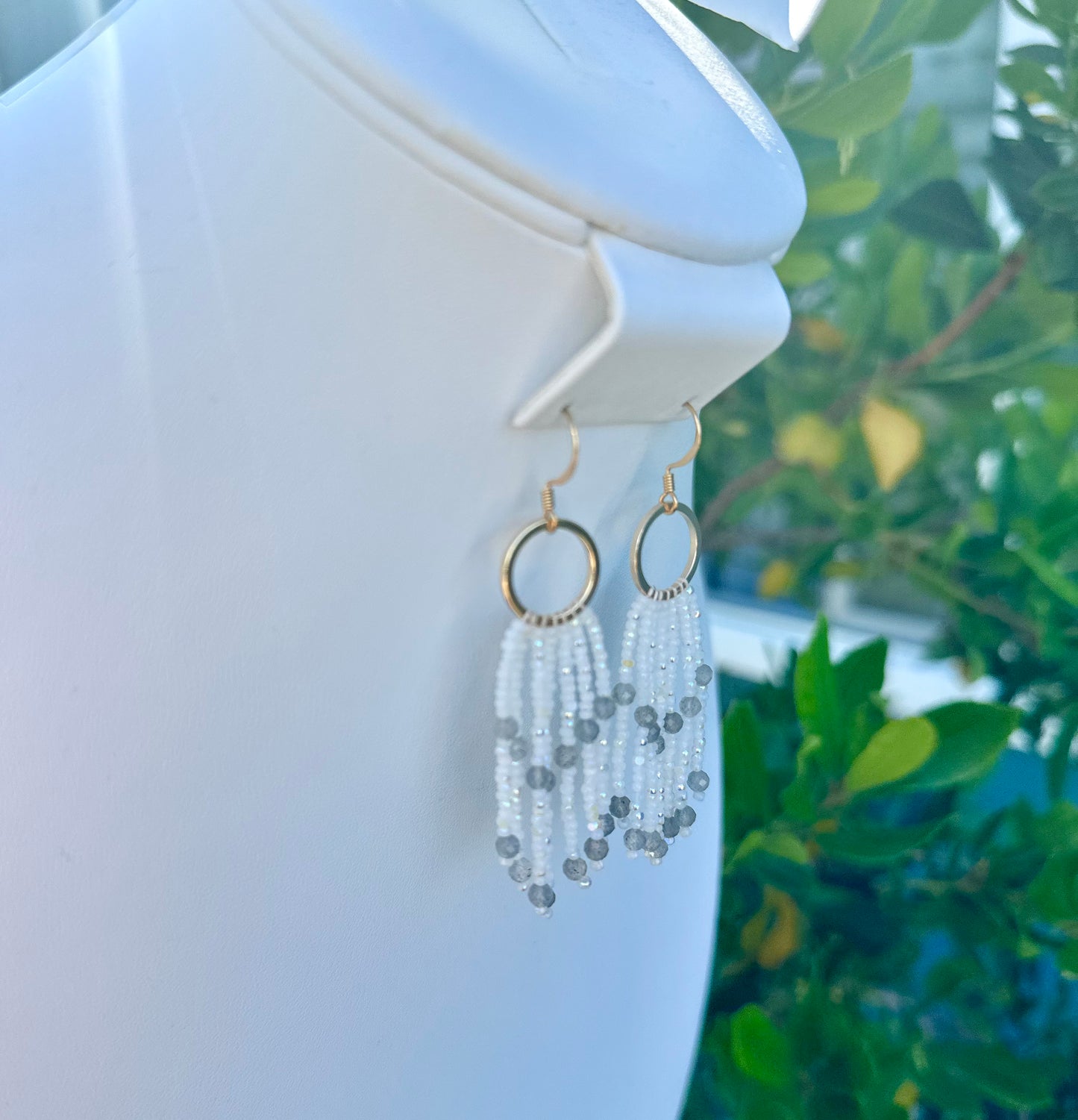 Beaded Fringe Earrings in White, Grey, and Gold