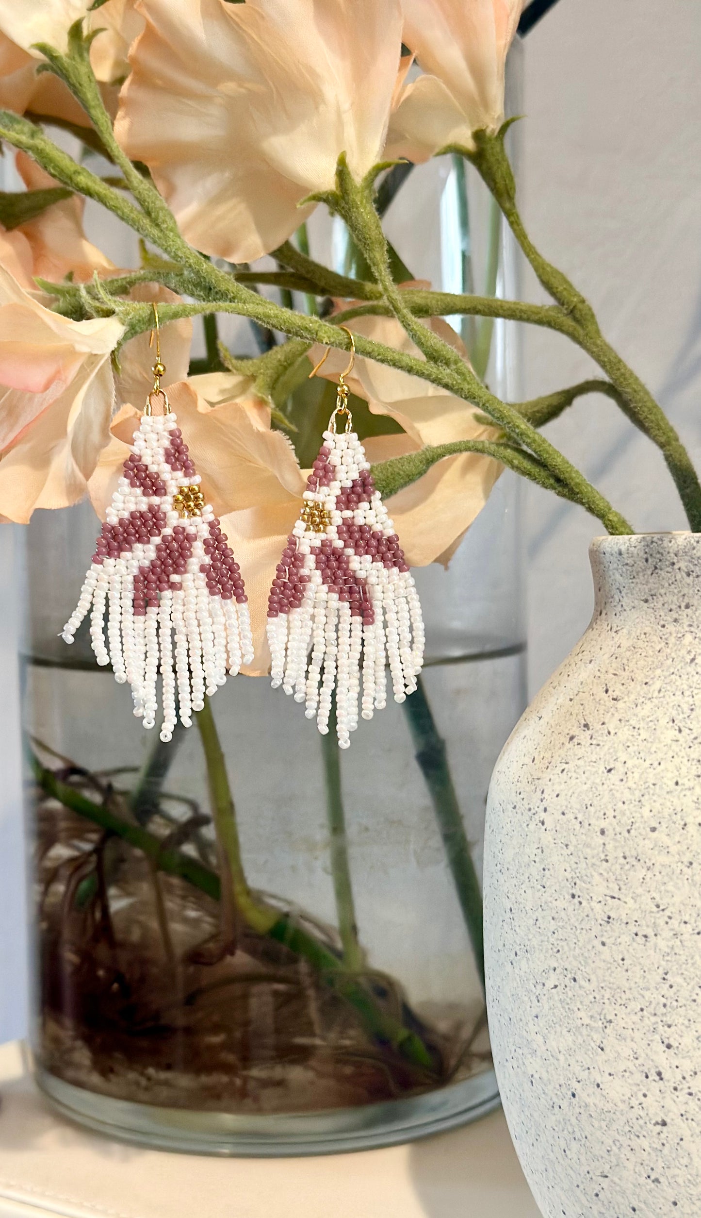 Beaded Fringe Earrings in White, Rose, and Gold