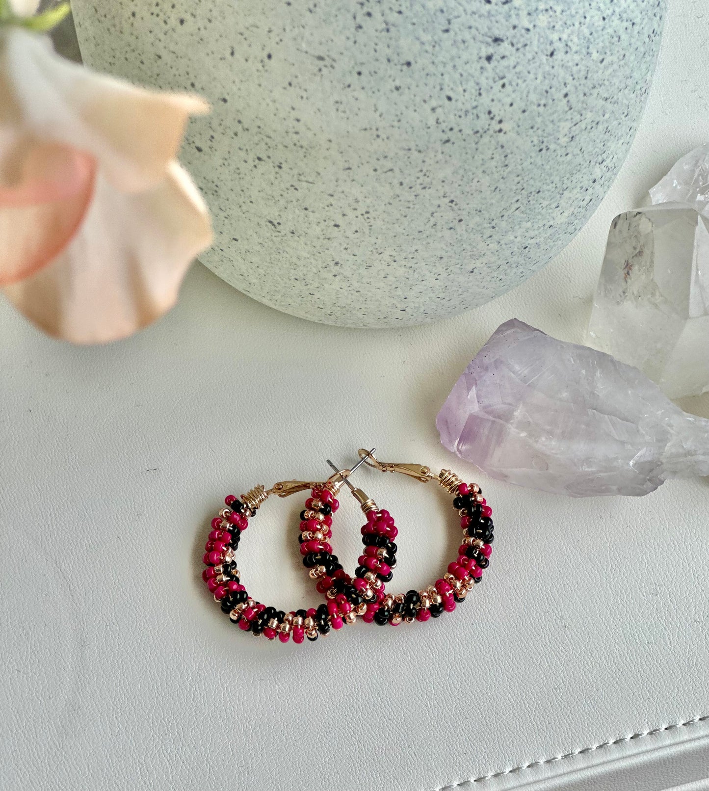 Hoop Earrings in Black, Fuchsia, and Gold