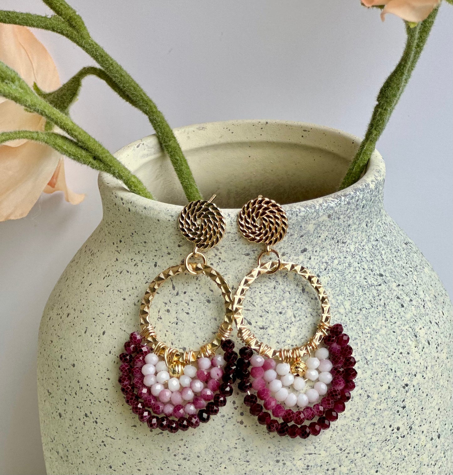 Dangle and Drop Earrings in Red & Pink Ombré Glass Beads