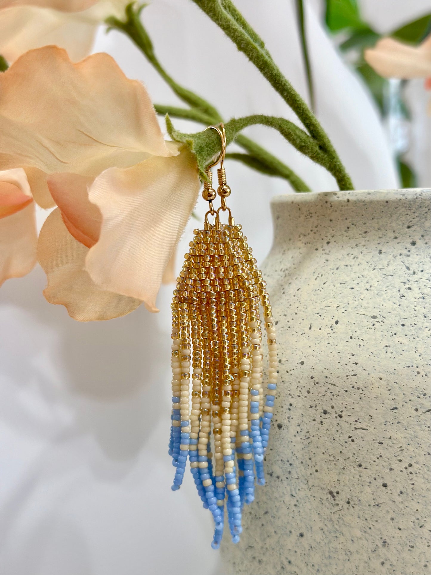 Beaded Earrings in Gold and Blue