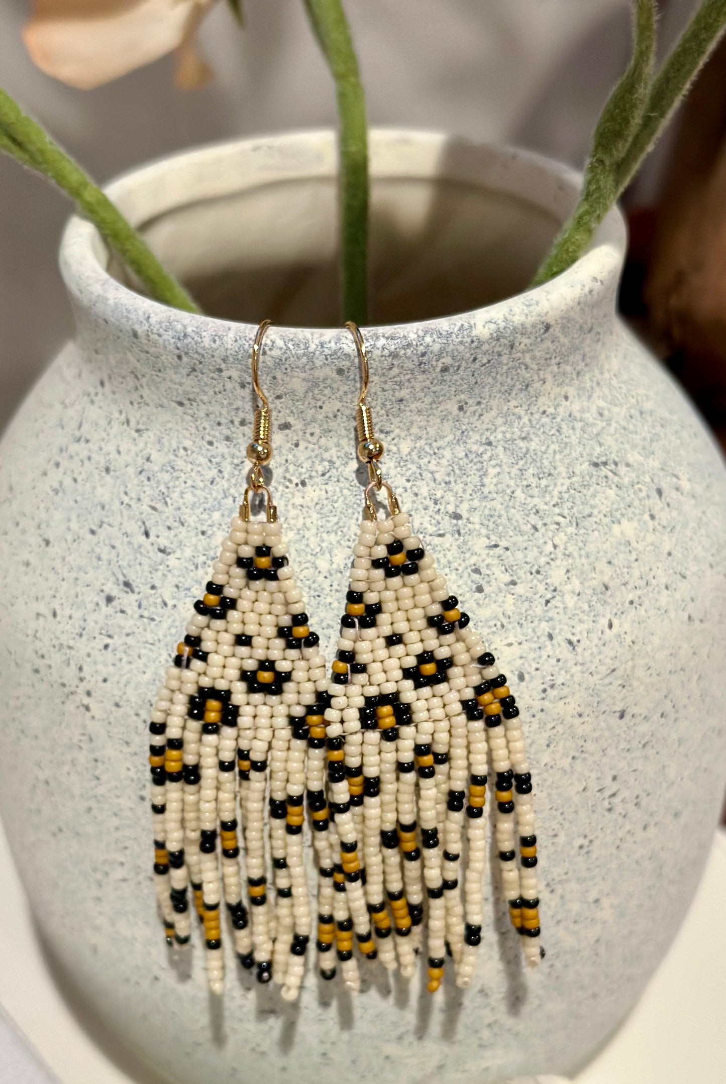 Beaded Fringe Earrings in Leopard Print