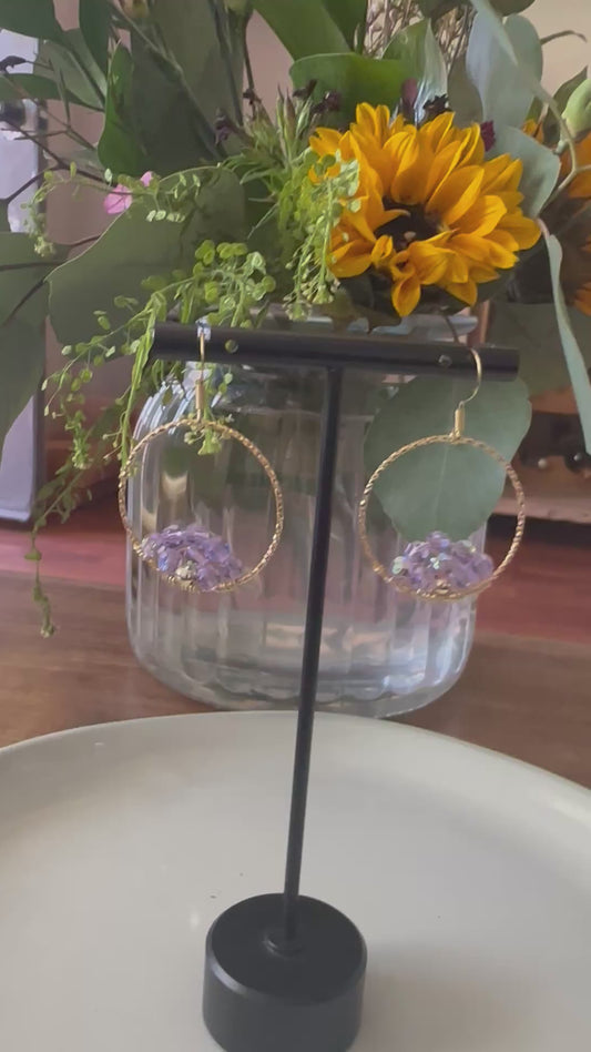 Dangle and Drop Earrings in Purple and Gold.